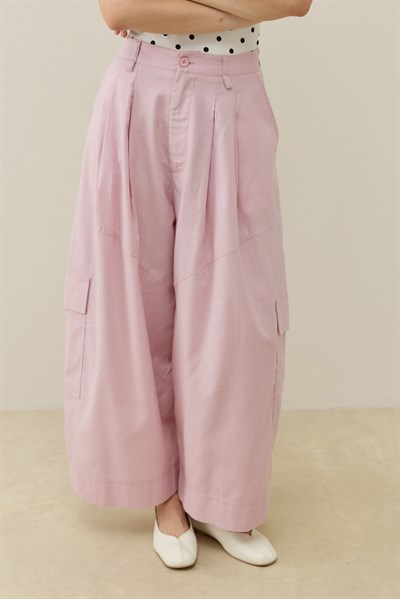 Pembe Kargo Cepli Crop Keten Pantolon