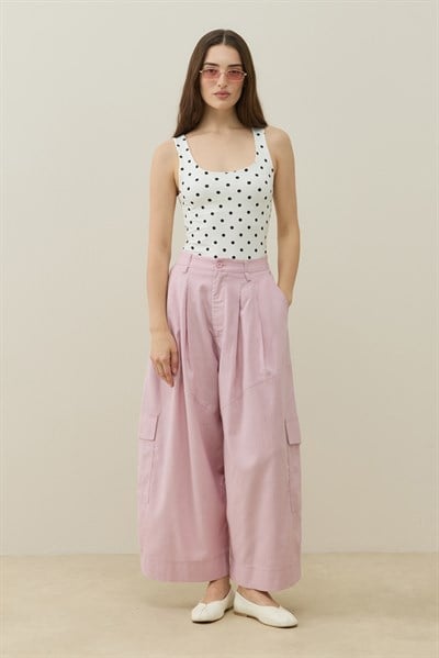 Pembe Kargo Cepli Crop Keten Pantolon