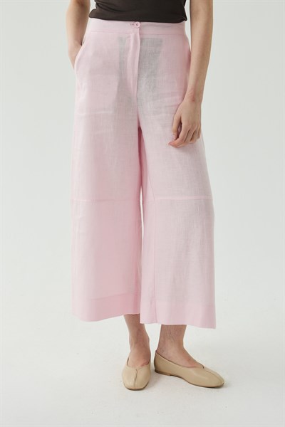Pembe Kesik Detaylı Crop Keten Pantolon