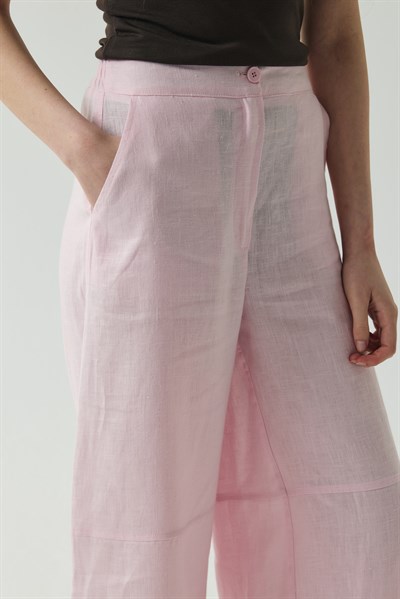 Pembe Kesik Detaylı Crop Keten Pantolon