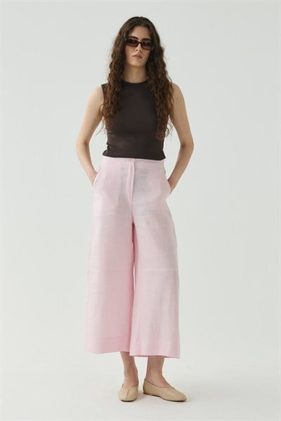 Pembe Kesik Detaylı Crop Keten Pantolon