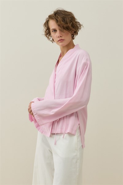 Pembe Kruvaze Bağlamalı Mini Kimono