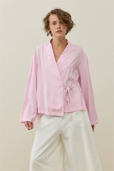Pembe Kruvaze Bağlamalı Mini Kimono