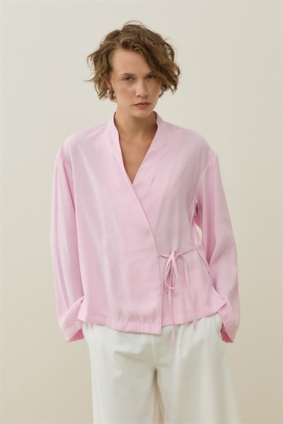 Pembe Kruvaze Bağlamalı Mini Kimono