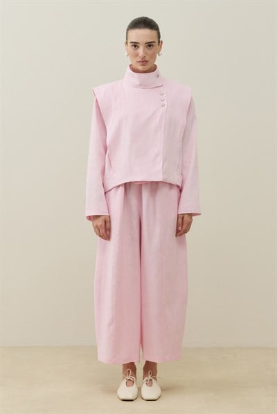 Pembe Metal Düğmeli Kruvaze Keten Ceket
