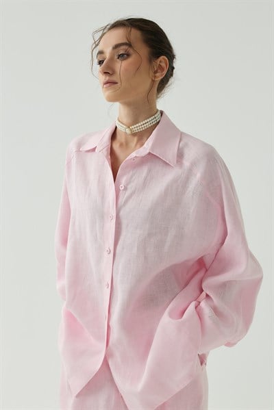 Pembe Oversize Basic Keten Gömlek