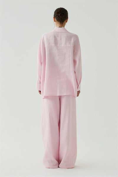 Pembe Oversize Basic Keten Gömlek