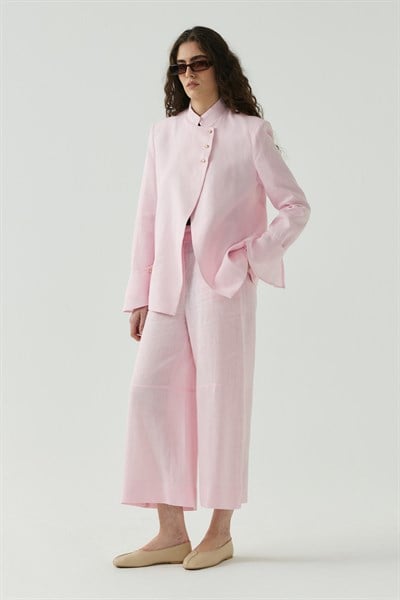 Pembe Seyyar Manşet Detaylı Keten Blazer