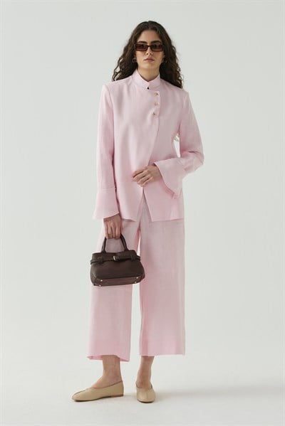 Pembe Seyyar Manşet Detaylı Keten Blazer