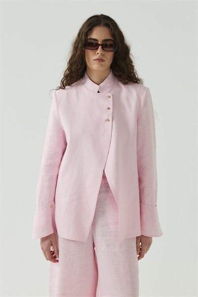 Pembe Seyyar Manşet Detaylı Keten Blazer