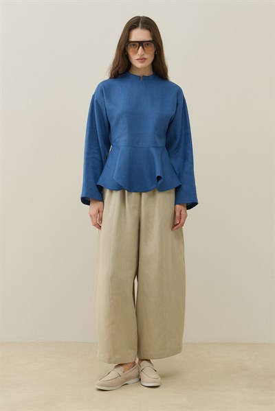 Saks Mavisi Hakim Yaka Peplum Keten Bluz