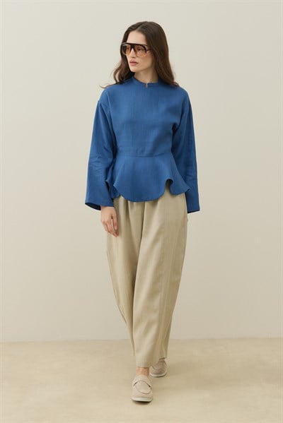 Saks Mavisi Hakim Yaka Peplum Keten Bluz