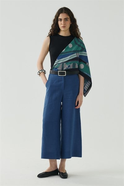 Saks Mavisi Kesik Detaylı Crop Keten Pantolon