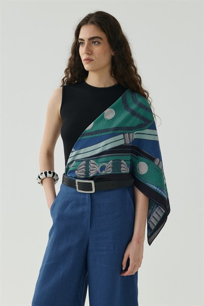 Saks Mavisi Kesik Detaylı Crop Keten Pantolon