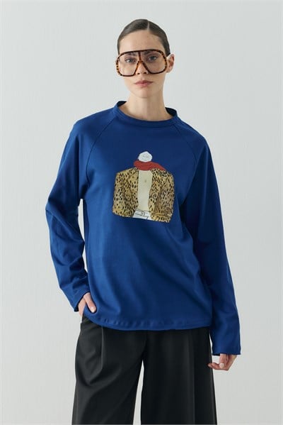 Saks Mavisi Molene Leopard Girl Baskılı Uzun Kol T-shirt