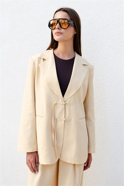 Sarı Çift Bağlama Detaylı Blazer Takım