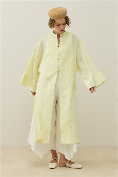 Sarı Hakim Yaka Uzun Vual Kimono