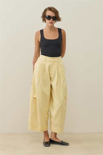 Sarı Kargo Cepli Crop Keten Pantolon