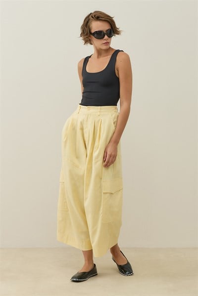 Sarı Kargo Cepli Crop Keten Pantolon