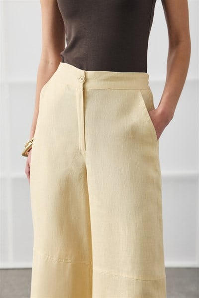 Sarı Kesik Detaylı Crop Keten Pantolon