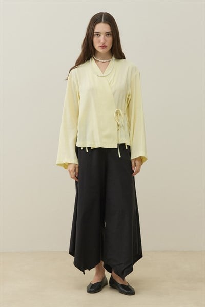 Sarı Kruvaze Bağlamalı Mini Kimono