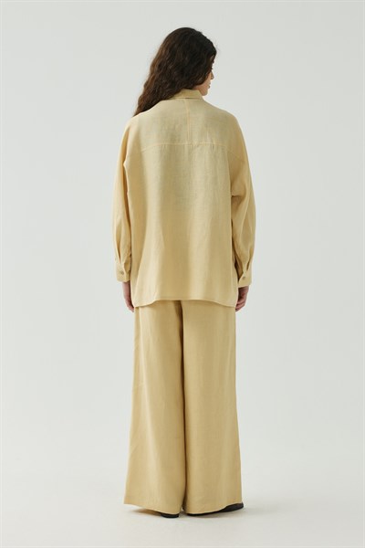 Sarı Oversize Basic Keten Gömlek