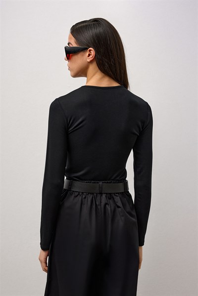 Siyah Basic Uzun Kollu Bisiklet Yaka Body