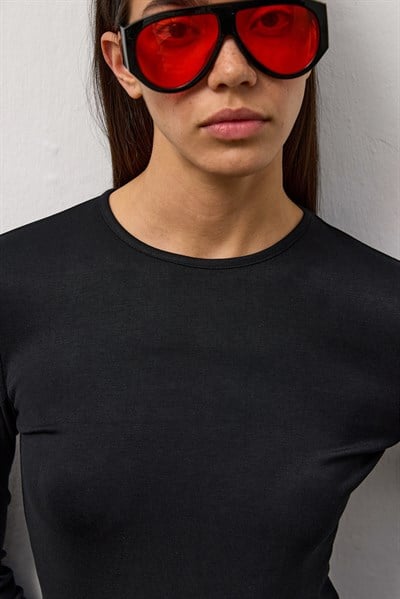 Siyah Basic Uzun Kollu Bisiklet Yaka Body