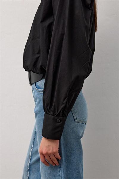 Siyah Mini Balon Kol Gömlek