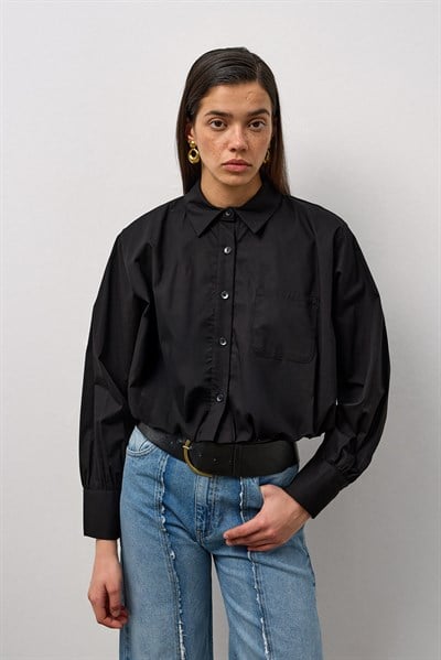 Siyah Mini Balon Kol Gömlek