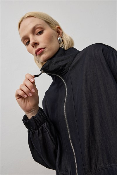 Siyah Çift Fermuarlı Dik Yaka Bomber Ceket