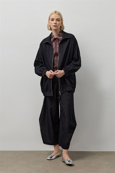 Siyah Çift Fermuarlı Dik Yaka Bomber Ceket