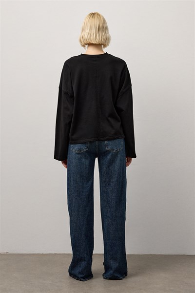 Siyah Dikiş Detaylı Bisiklet Yaka Basic T-Shirt