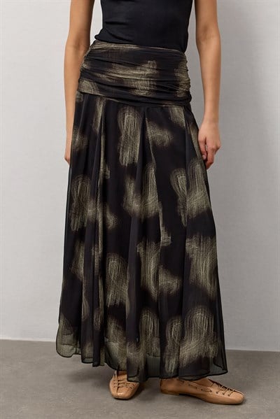 Siyah Drapeli Desenli Etek