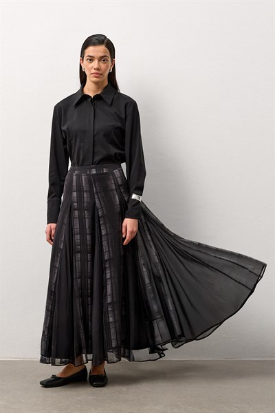 Siyah Ekose Desenli Şifon Etek