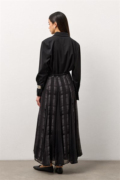 Siyah Ekose Desenli Şifon Etek