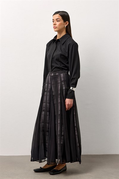 Siyah Ekose Desenli Şifon Etek