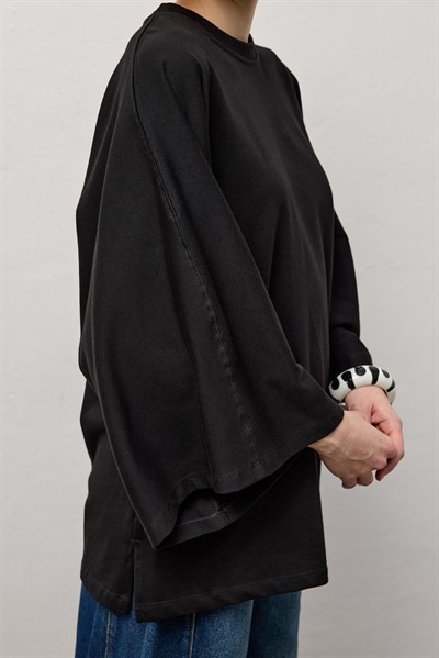 Siyah Geniş Kollu Uzun Basic T-Shirt