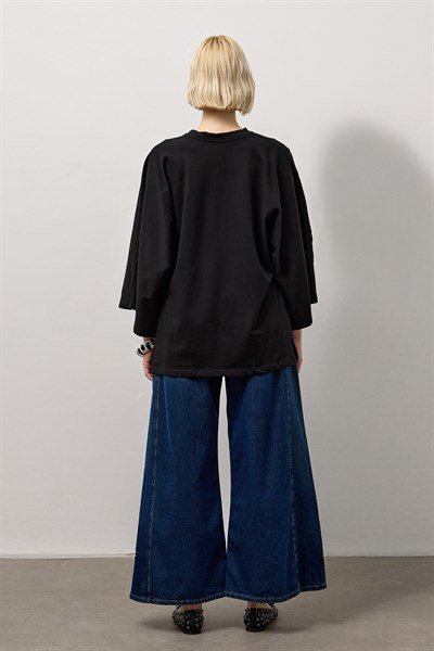 Siyah Geniş Kollu Uzun Basic T-Shirt