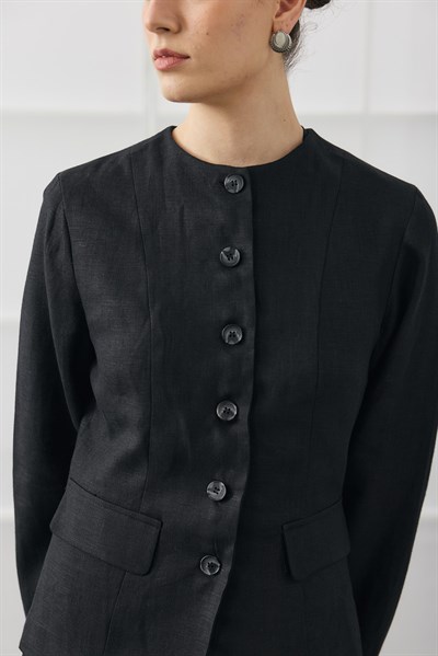 Siyah Keten Blazer Detaylı Elbise