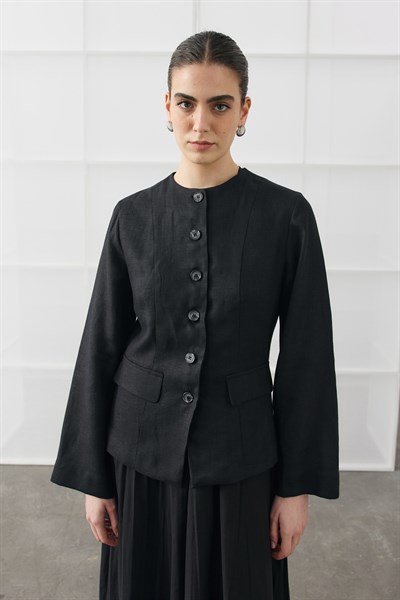 Siyah Keten Blazer Detaylı Elbise