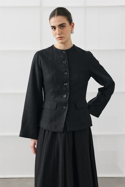Siyah Keten Blazer Detaylı Elbise