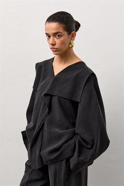 Siyah Kimono Form Hafif Dökümlü Takım