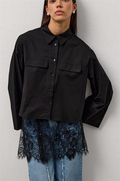 Siyah Geniş Kol Mini Gömlek