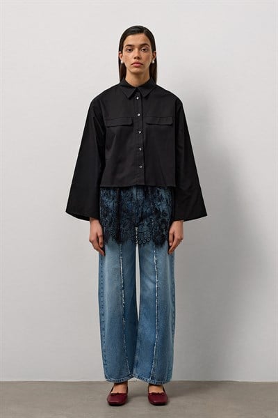 Siyah Geniş Kol Mini Gömlek