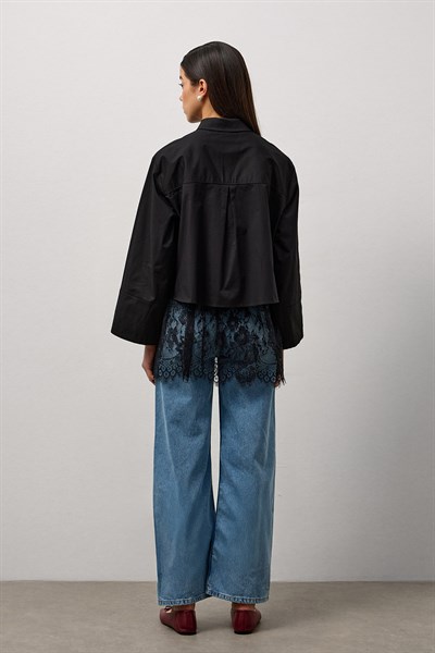 Siyah Geniş Kol Mini Gömlek