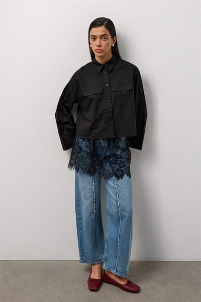 Siyah Geniş Kol Mini Gömlek