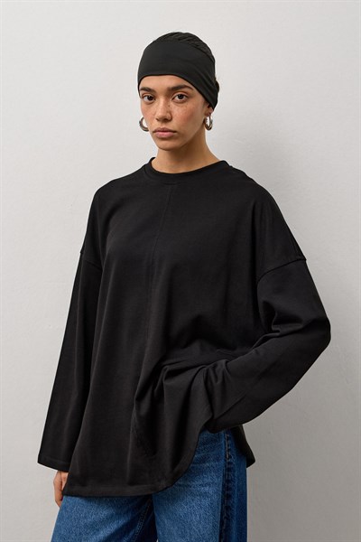 Siyah Oversize Kesim Uzun Kollu Basic T-Shirt