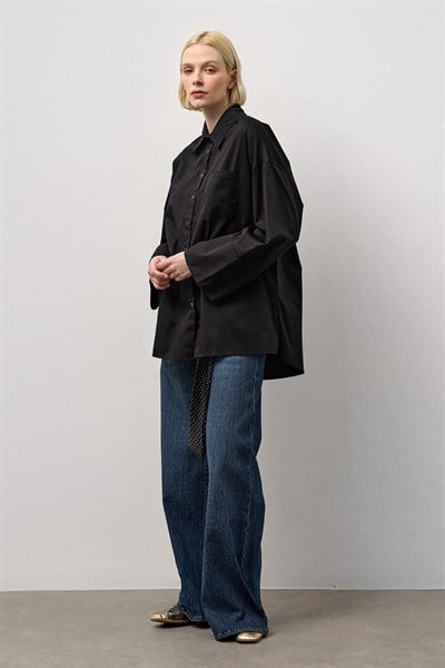 Siyah Pamuk Saten Oversize Gömlek
