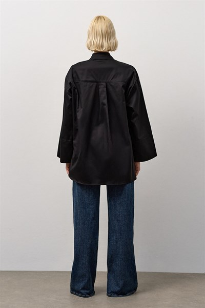 Siyah Pamuk Saten Oversize Gömlek